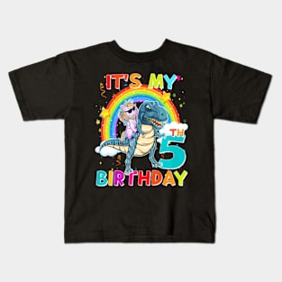 Its My 5Th Birthday Unicorn Riding T Rex Dinosaur 5 Years Kids T-Shirt